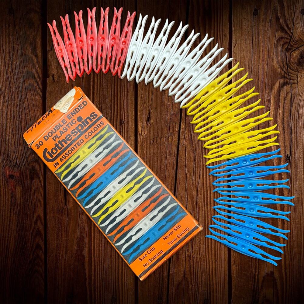 NIB NOS Vtg. Mid Century Plastic Double Ended Clothespins 30 Pack Retro Prop USA
